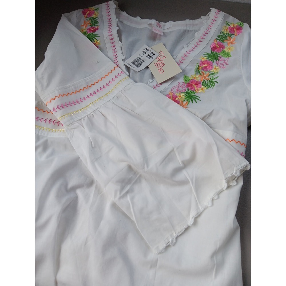 NEW Boho Tunic Mini Dress Womens XL White Cotton Pink Embroidery DEEP V Beachy - Picture 8 of 13